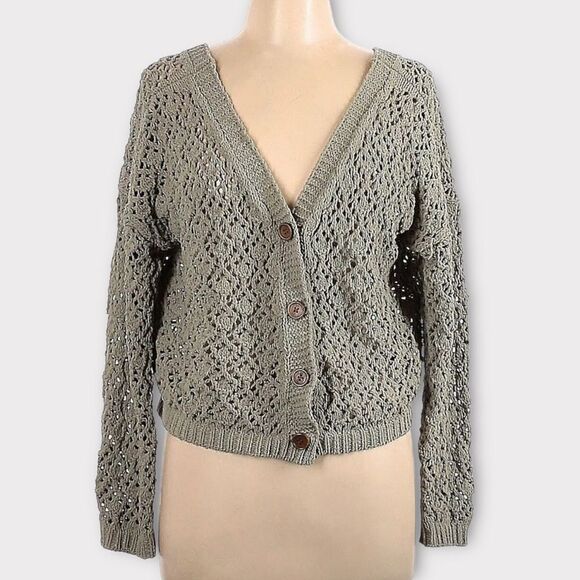 Sage Olive Green Chunky Cottagecore Knit Midi Boho Chic Button Front Cardigan - Picture 8 of 8